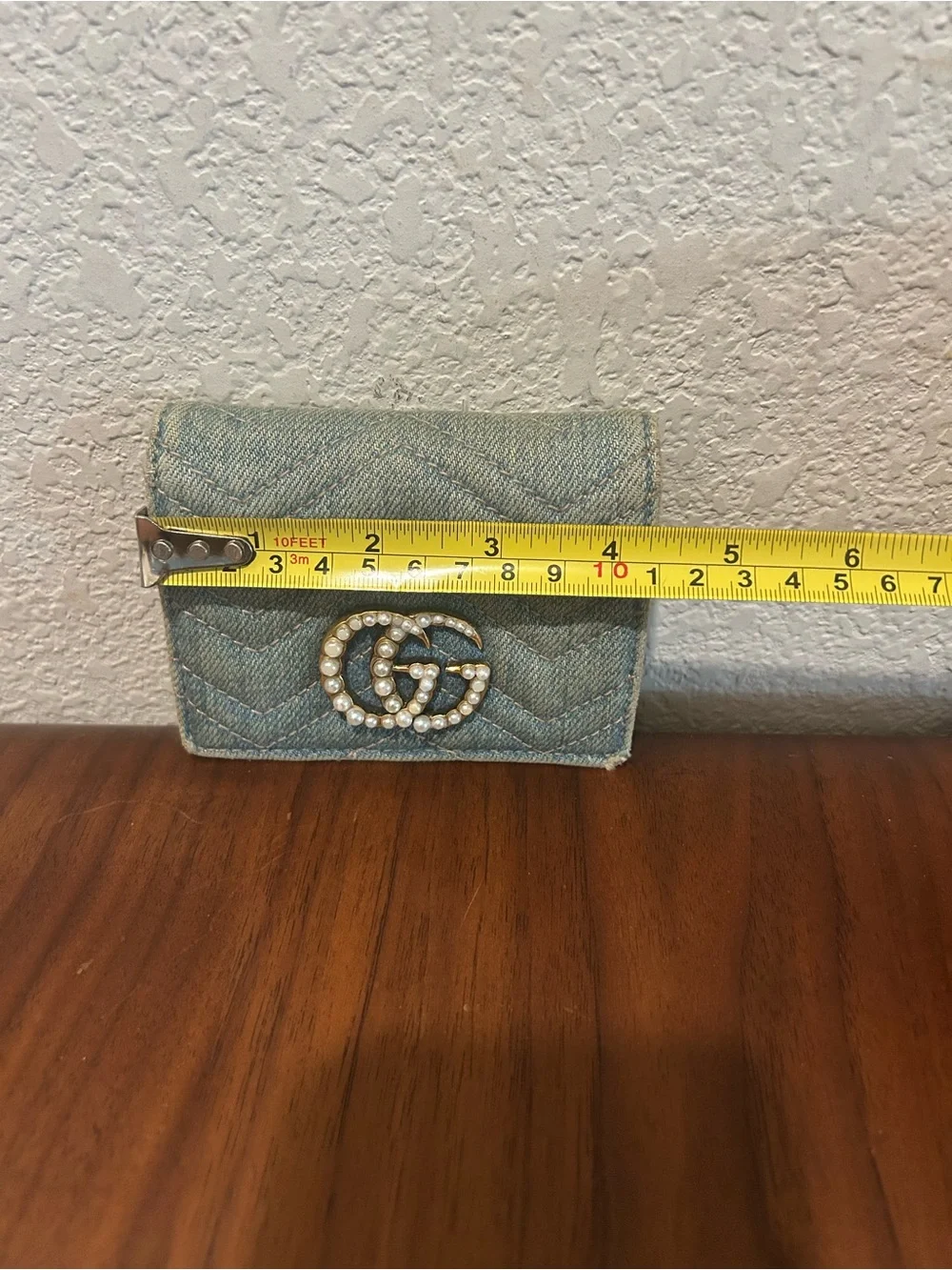 Gucci Denim Wallet with Pearl Double G - Light Blue